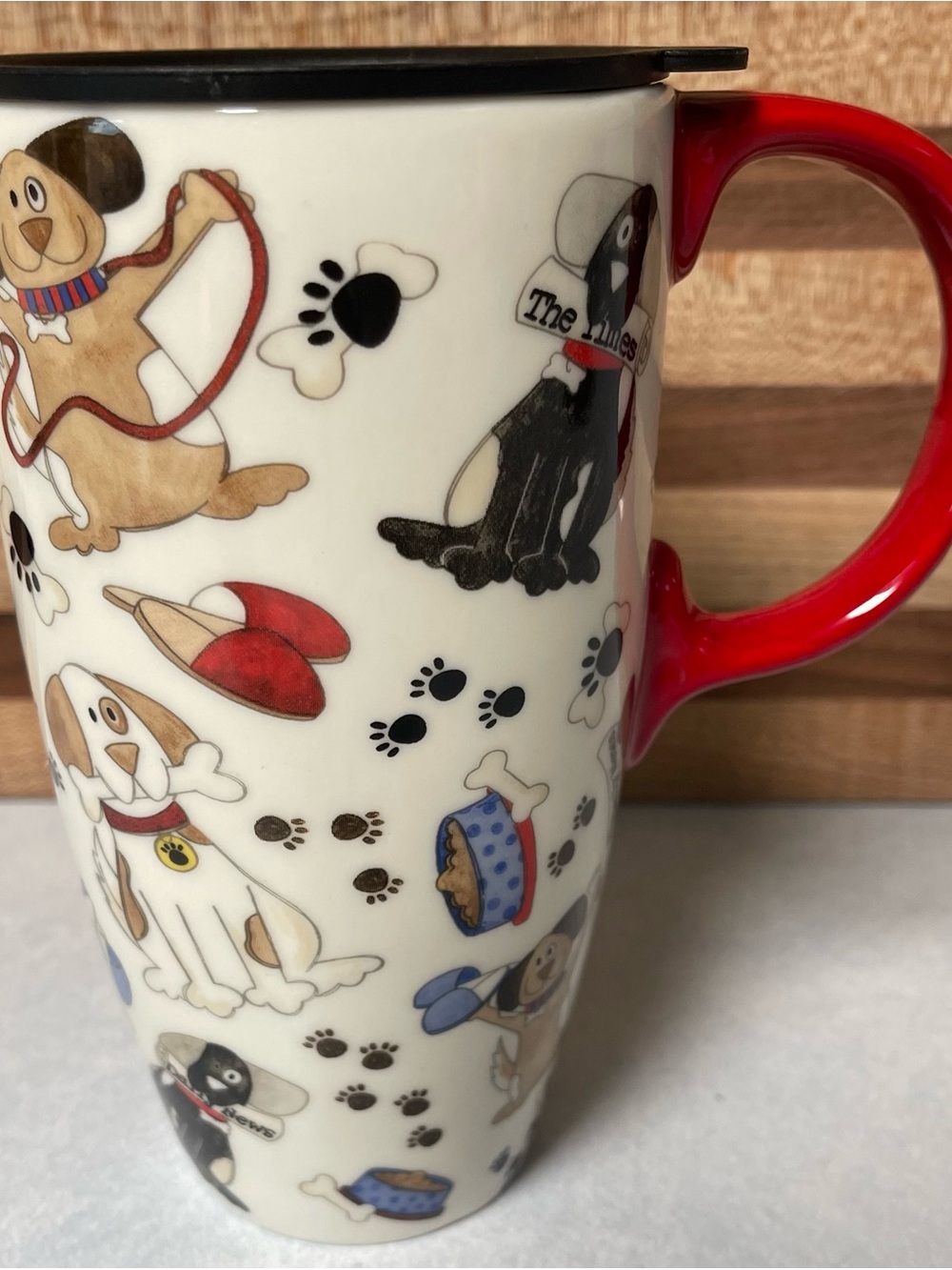 Ceramic Dog Print Travel Mug with Red Handle